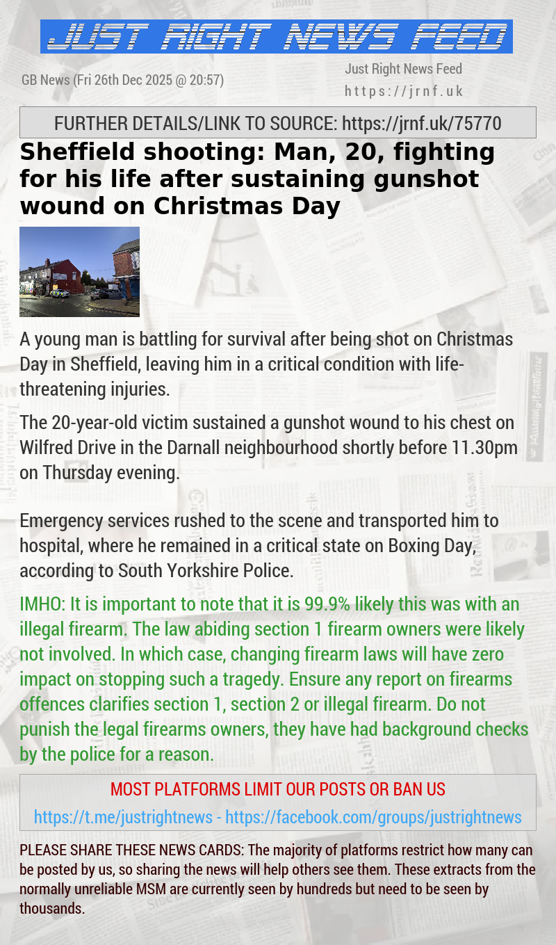 Sheffield shooting: Man, 20, fighting for his life after sustaining gunshot wound on Christmas Day