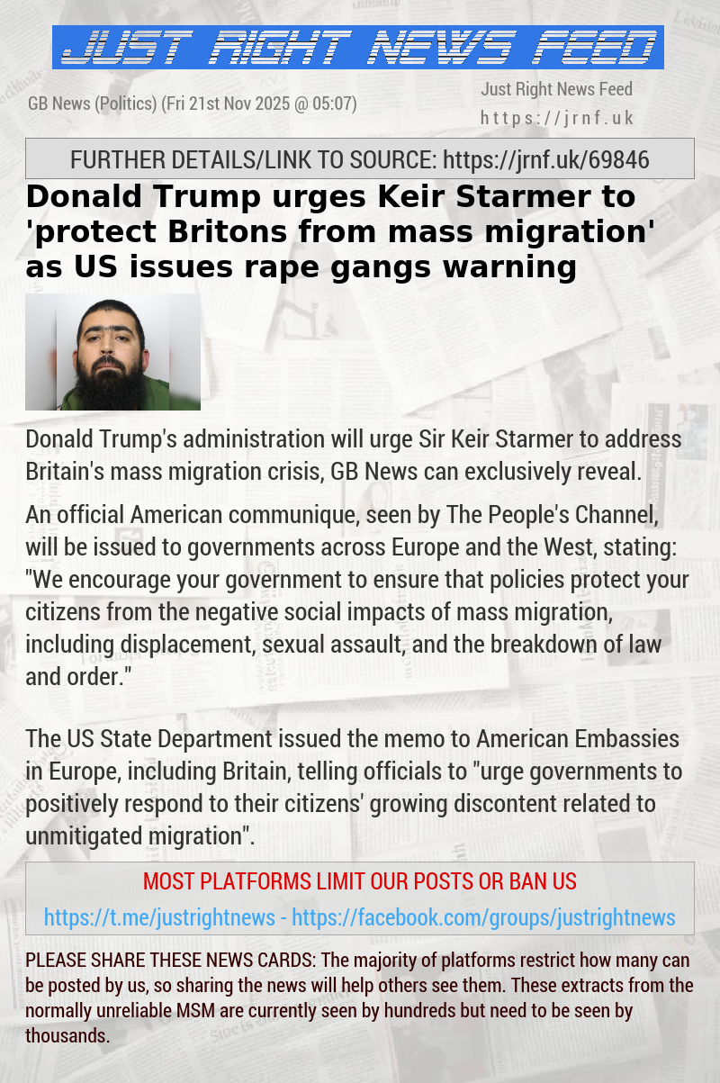 Donald Trump urges Keir Starmer to ’protect Britons from mass migration’ as US issues rape gangs warning