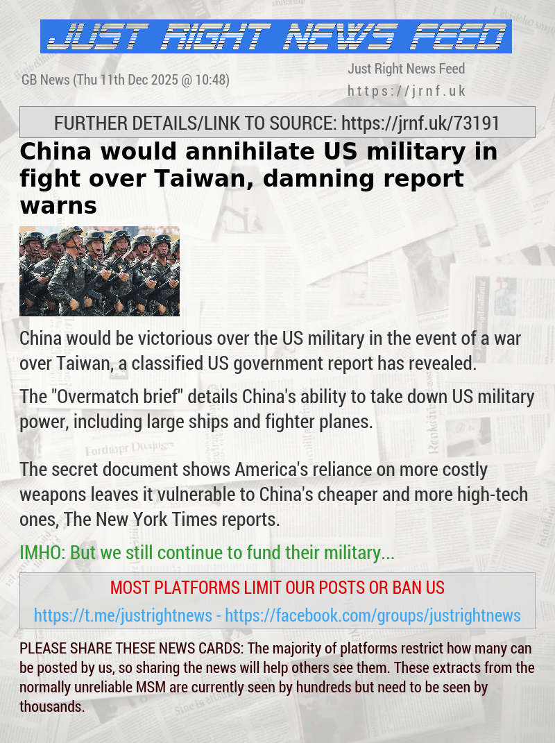 China would annihilate US military in fight over Taiwan, damning report warns