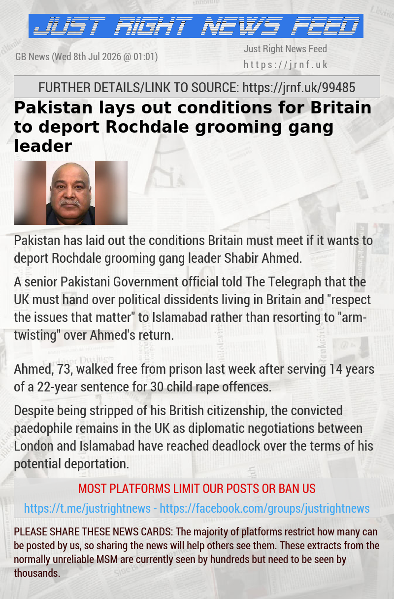 Pakistan lays out conditions for Britain to deport Rochdale grooming gang leader