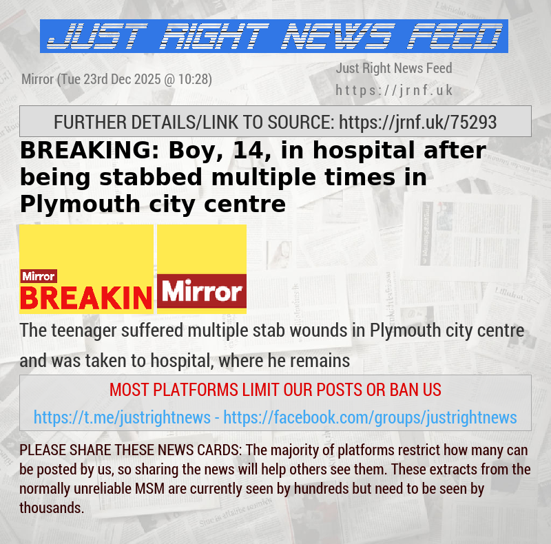 BREAKING: Boy, 14, in hospital after being stabbed multiple times in Plymouth city centre