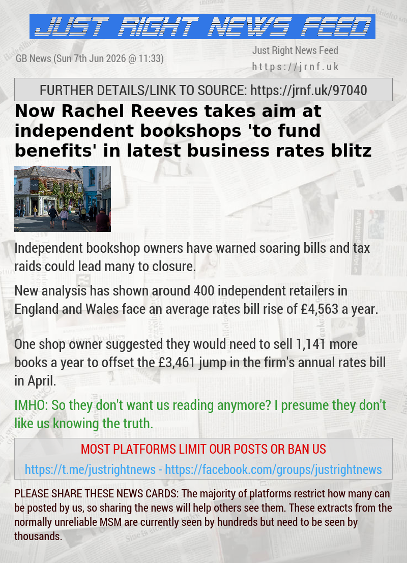 Now Rachel Reeves takes aim at independent bookshops ’to fund benefits’ in latest business rates blitz