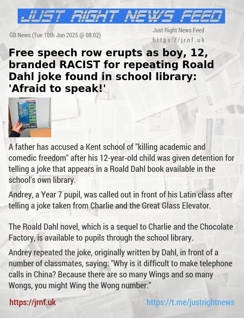 Free speech row erupts as boy, 12, branded RACIST for repeating Roald Dahl joke found in school library: ’Afraid to speak!’