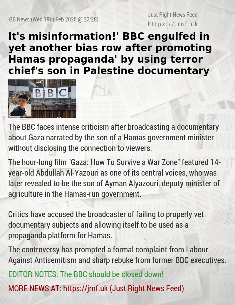 ‘It’s misinformation!’ BBC engulfed in yet another bias row after ‘promoting Hamas propaganda’ by using terror chief’s son in Palestine documentary