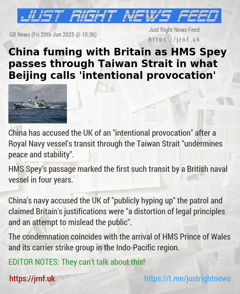 China fuming with Britain as HMS Spey passes through Taiwan Strait in what Beijing calls ’intentional provocation’