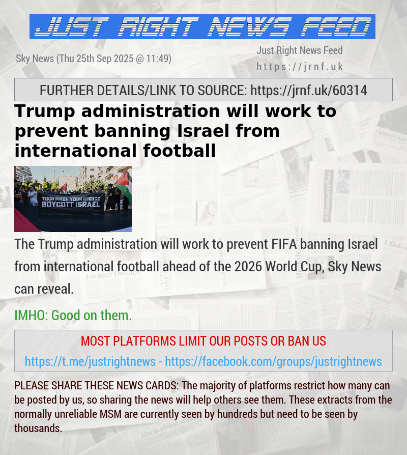 Trump administration will work to prevent banning Israel from international football