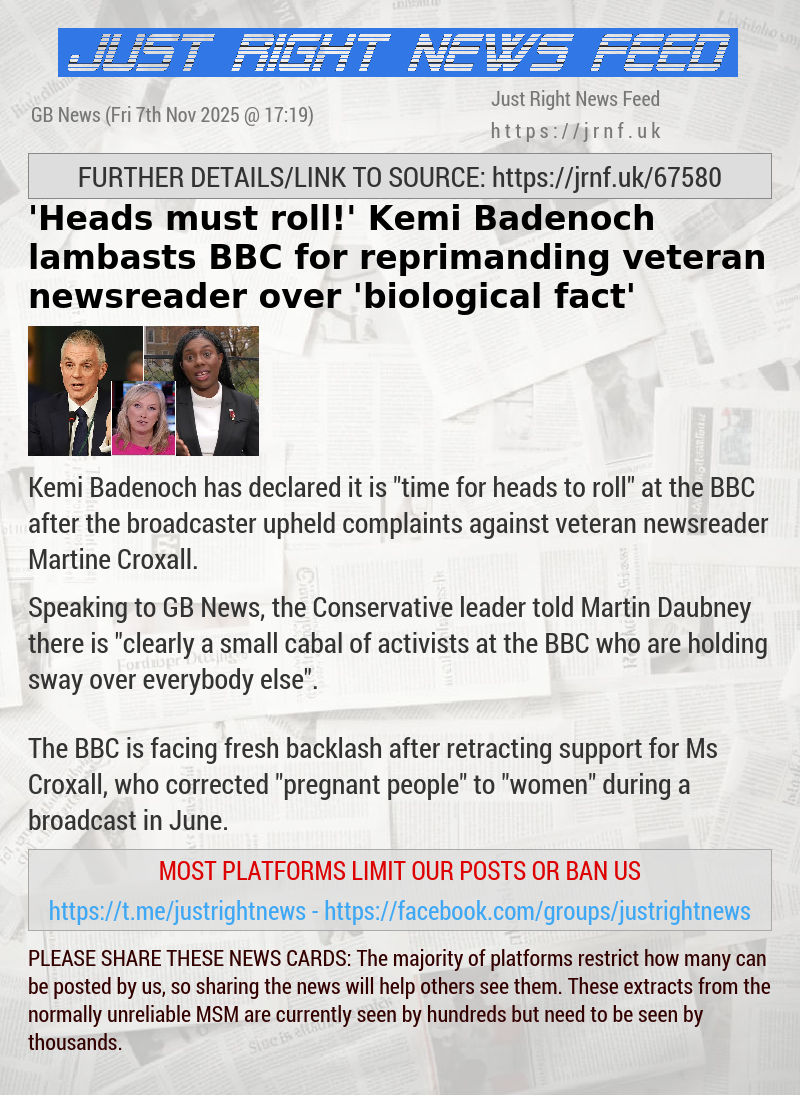 ’Heads must roll!’ Kemi Badenoch lambasts BBC for reprimanding veteran newsreader over ’biological fact’