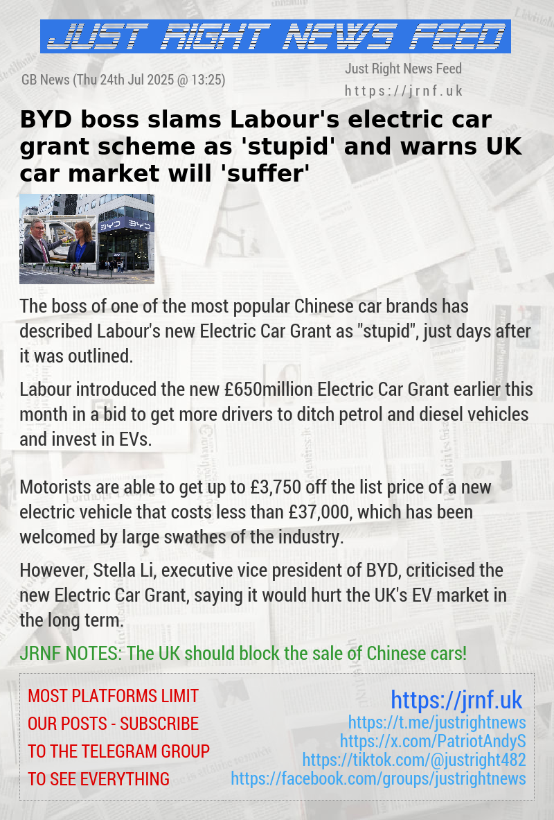 BYD boss slams Labour’s electric car grant scheme as ’stupid’ and warns UK car market will ’suffer’