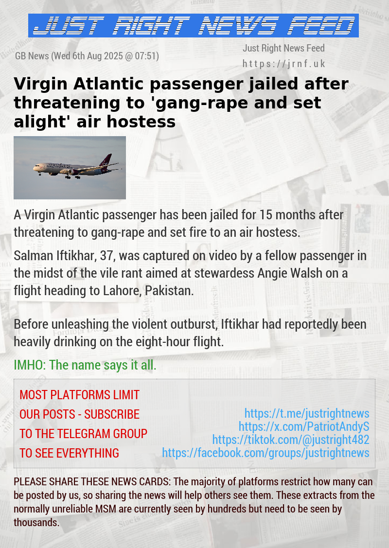 Virgin Atlantic passenger jailed after threatening to ’gang—rape and set alight’ air hostess