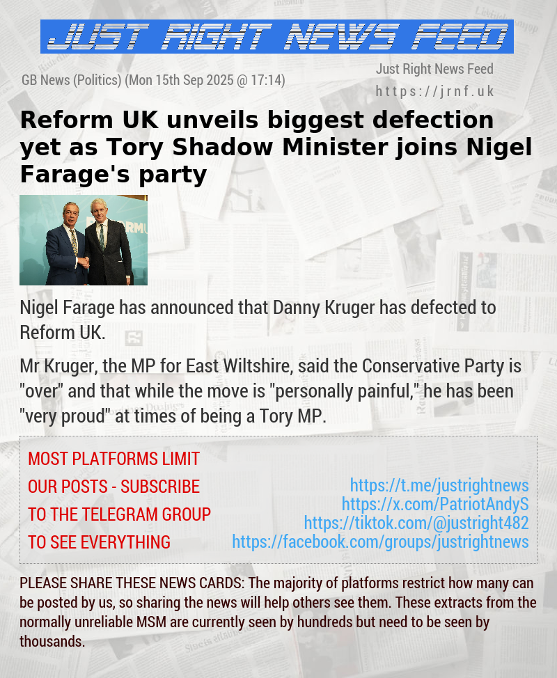 Reform UK unveils biggest defection yet as Tory Shadow Minister joins Nigel Farage’s party