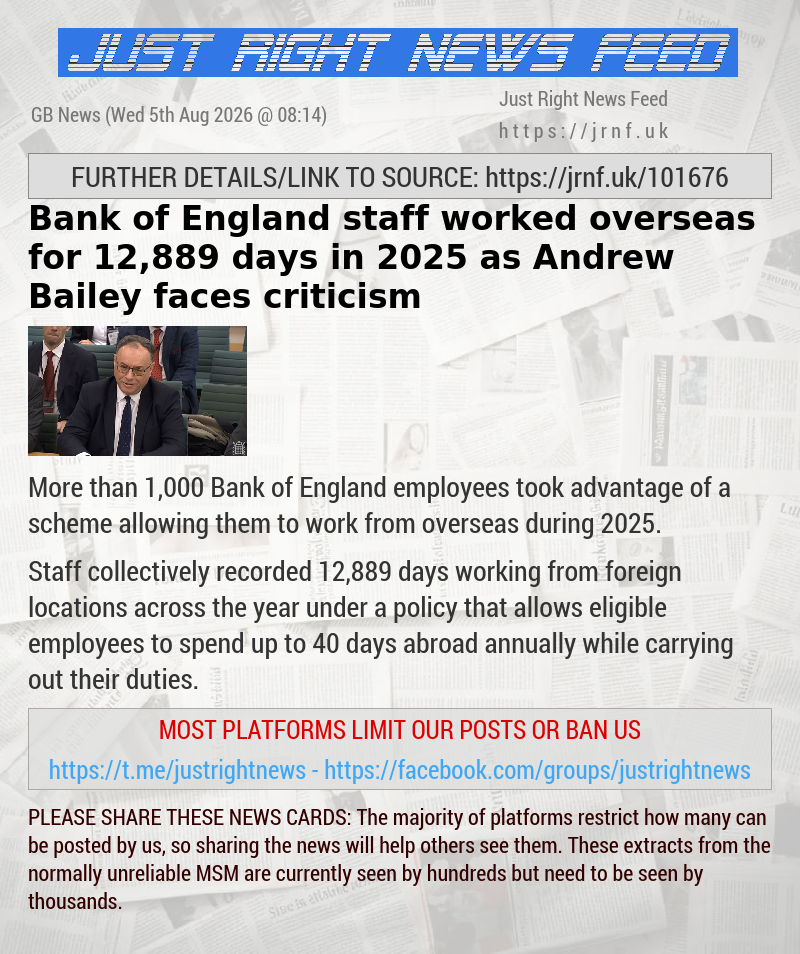 Bank of England staff worked overseas for 12,889 days in 2025 as Andrew Bailey faces criticism