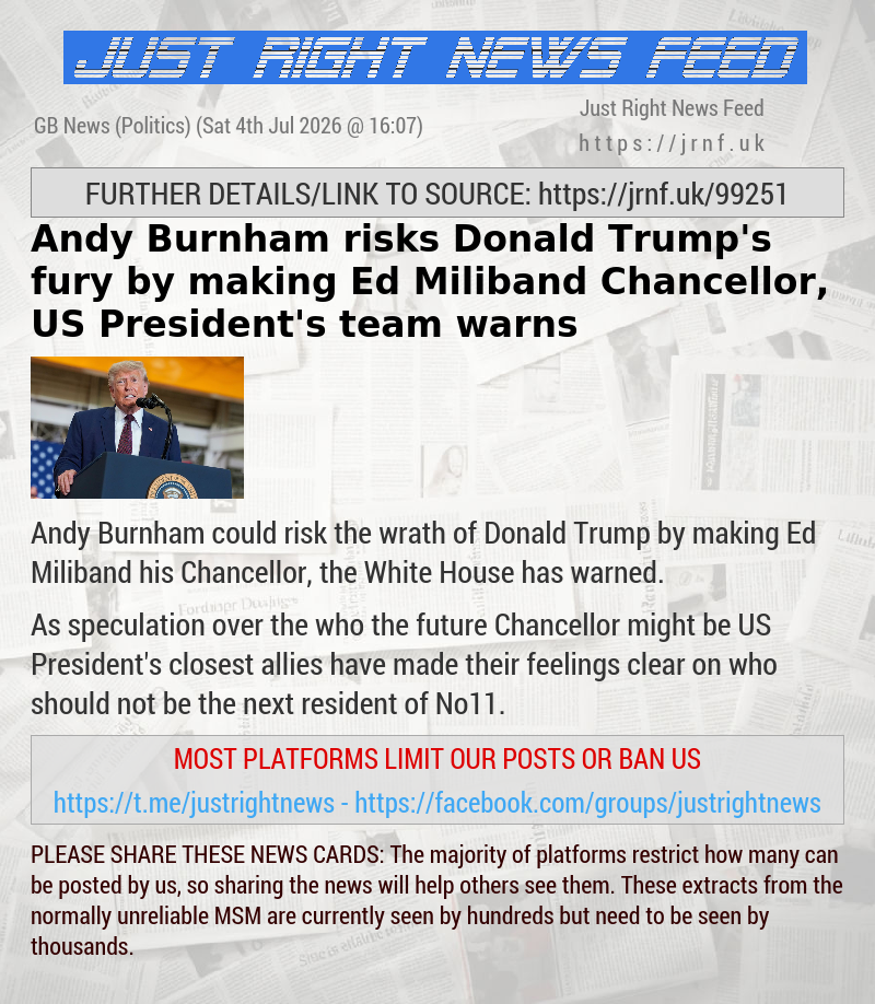 Andy Burnham risks Donald Trump’s fury by making Ed Miliband Chancellor, US President’s team warns