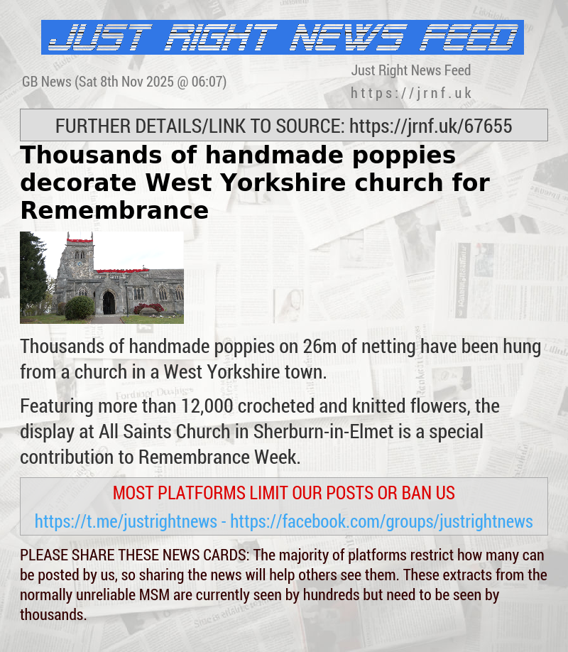 Thousands of handmade poppies decorate West Yorkshire church for Remembrance