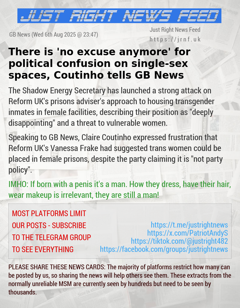 There is ’no excuse anymore’ for political confusion on single—sex spaces, Coutinho tells GB News