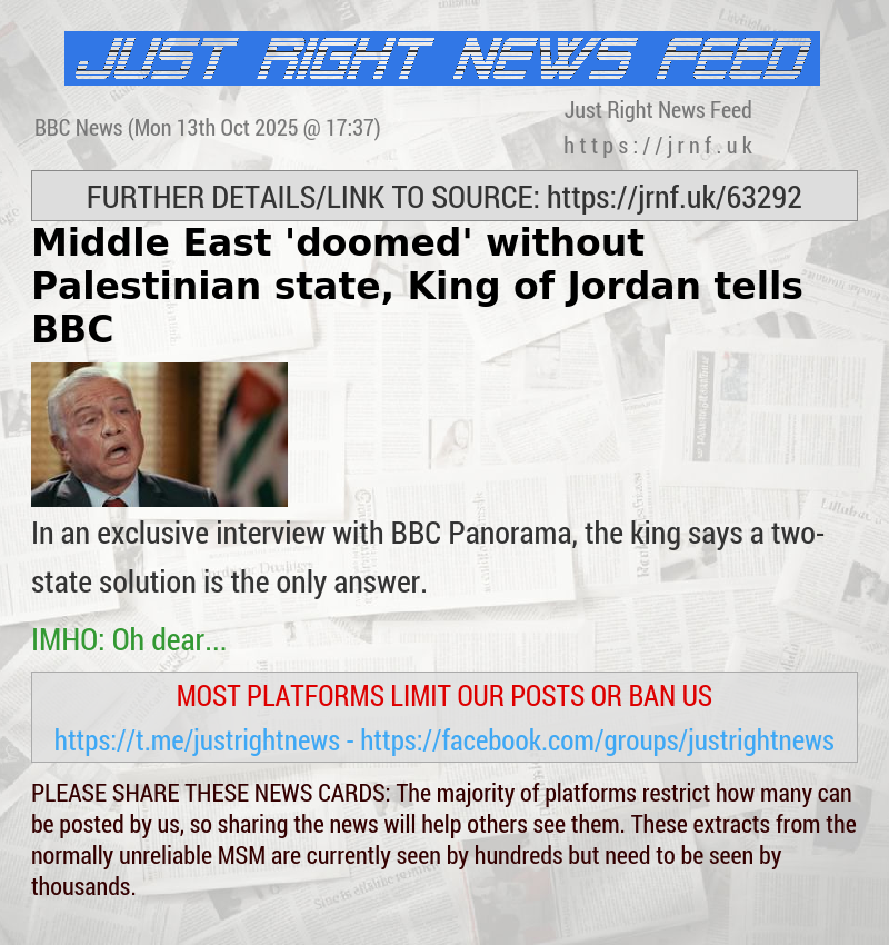 Middle East ’doomed’ without Palestinian state, King of Jordan tells BBC