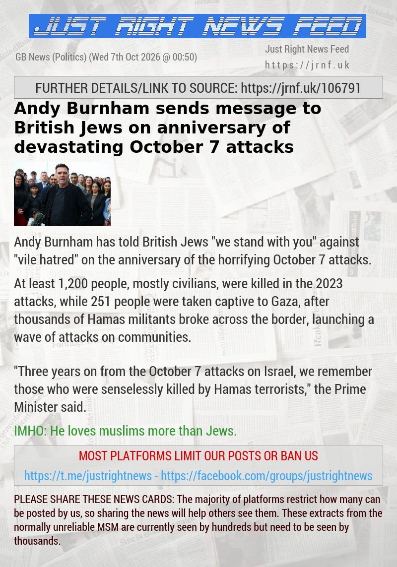Andy Burnham sends message to British Jews on anniversary of devastating October 7 attacks