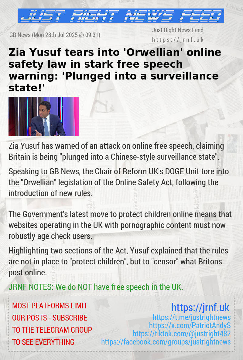 Zia Yusuf tears into ’Orwellian’ online safety law in stark free speech warning: ’Plunged into a surveillance state!’