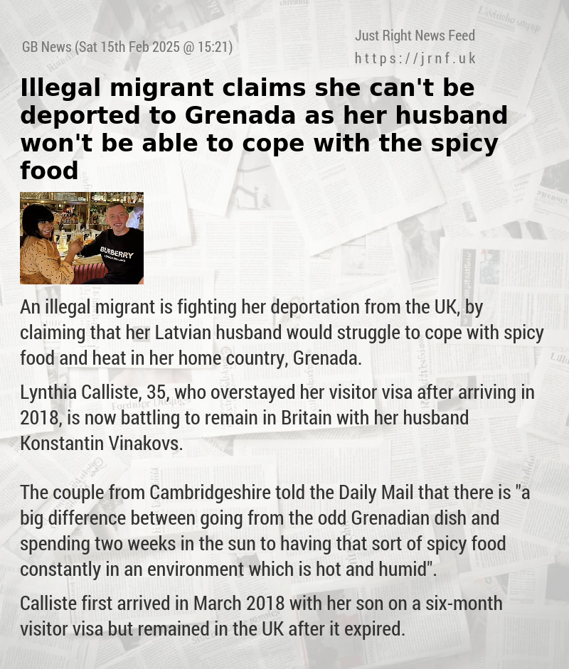 Illegal migrant claims she can’t be deported to Grenada as her husband won’t be able to cope with the spicy food