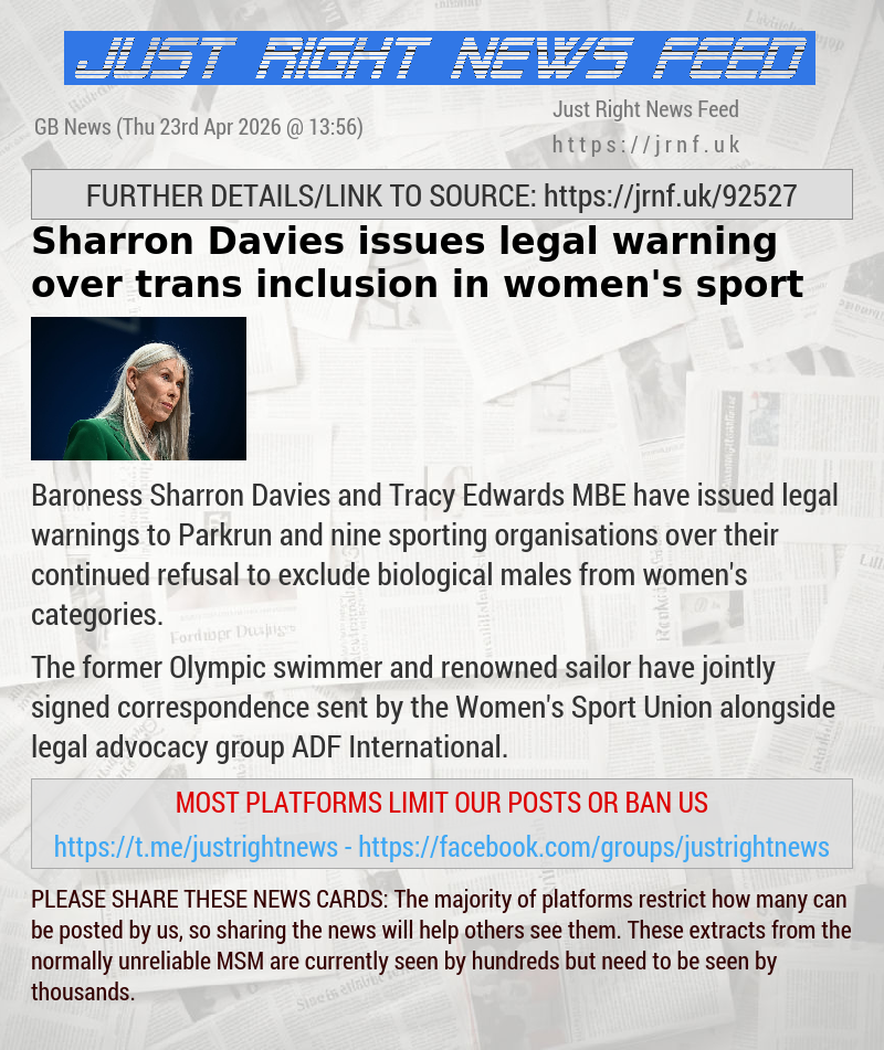 Sharron Davies issues legal warning over trans inclusion in women’s sport