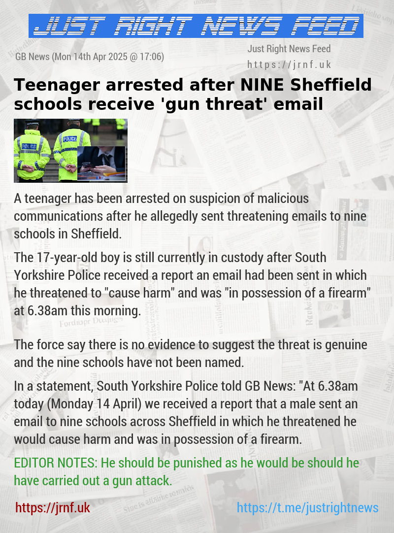 Teenager arrested after NINE Sheffield schools receive ’gun threat’ email