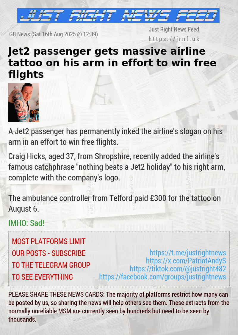 Jet2 passenger gets massive airline tattoo on his arm in effort to win free flights