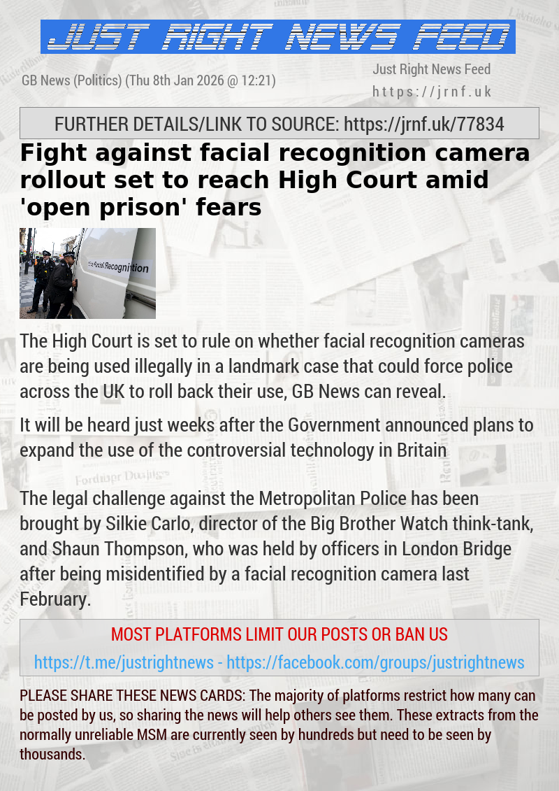 Fight against facial recognition camera rollout set to reach High Court amid ’open prison’ fears
