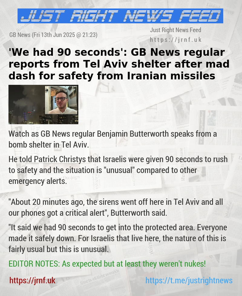 ‘We had 90 seconds’: GB News regular reports from Tel Aviv shelter after mad dash for safety from Iranian missiles