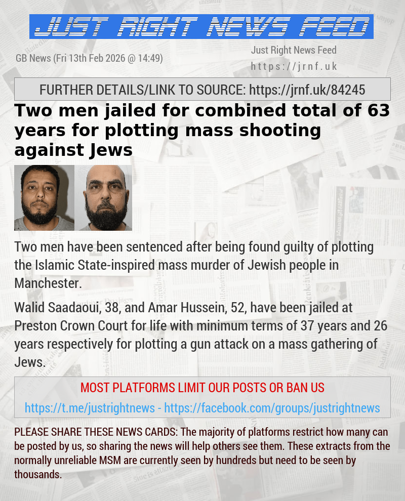 Two men jailed for combined total of 63 years for plotting mass shooting against Jews
