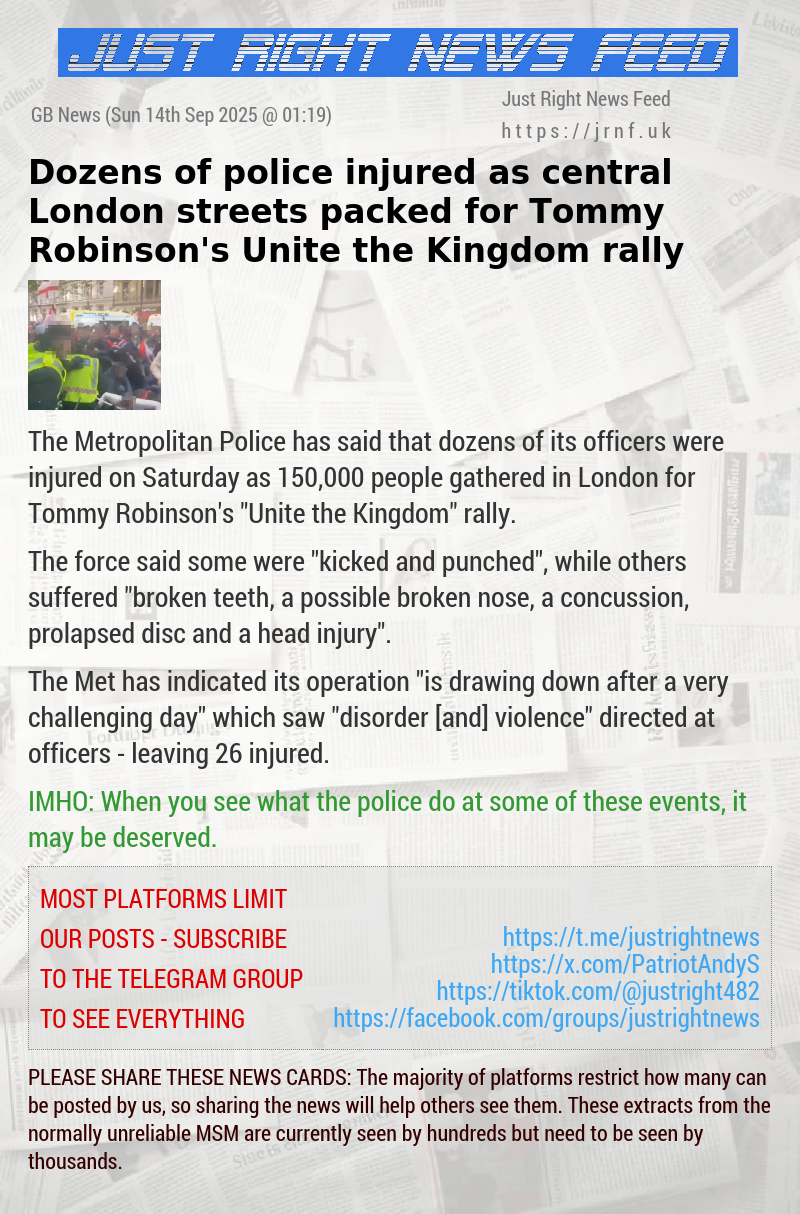 Dozens of police injured as central London streets packed for Tommy Robinson’s Unite the Kingdom rally