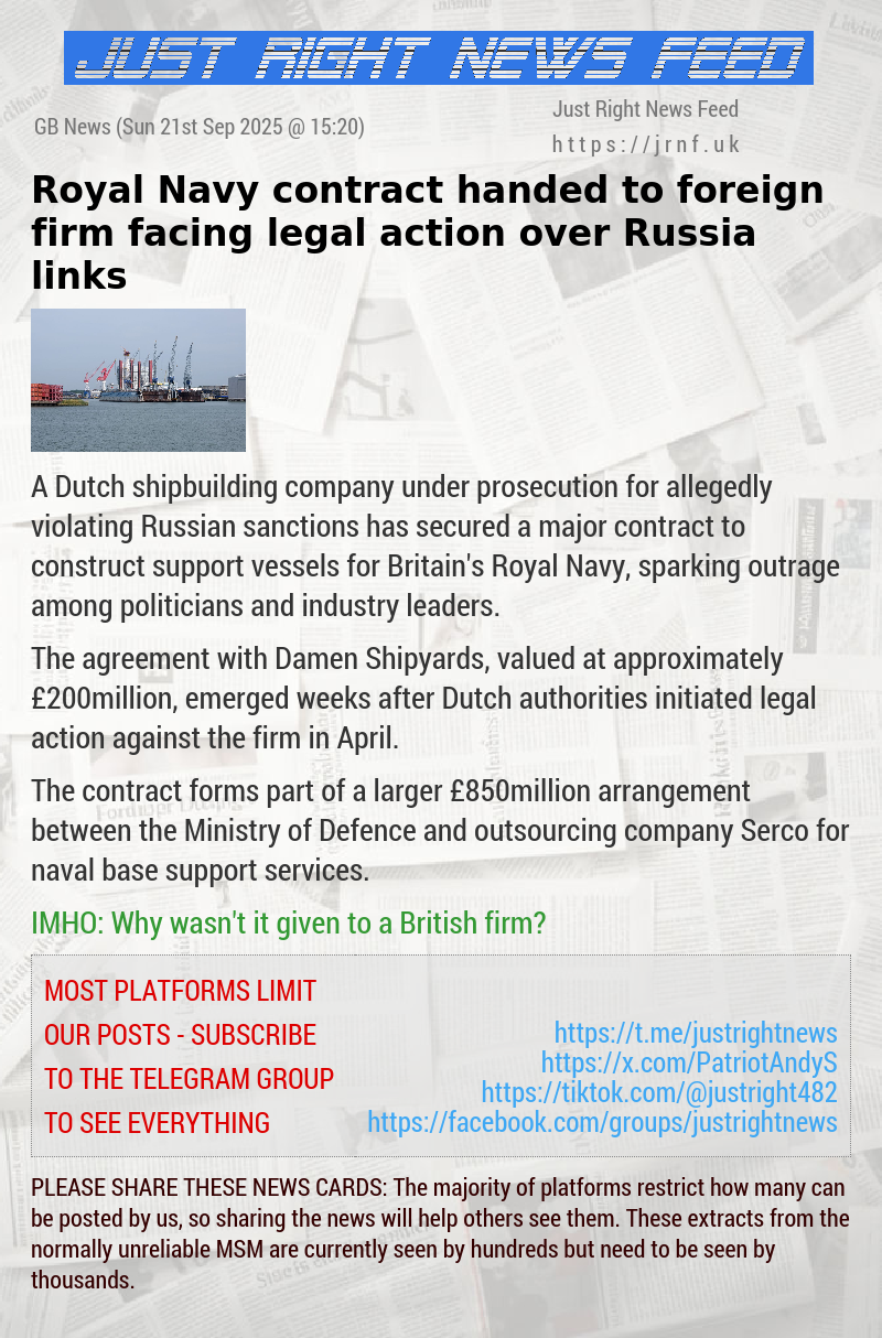 Royal Navy contract handed to foreign firm facing legal action over Russia links