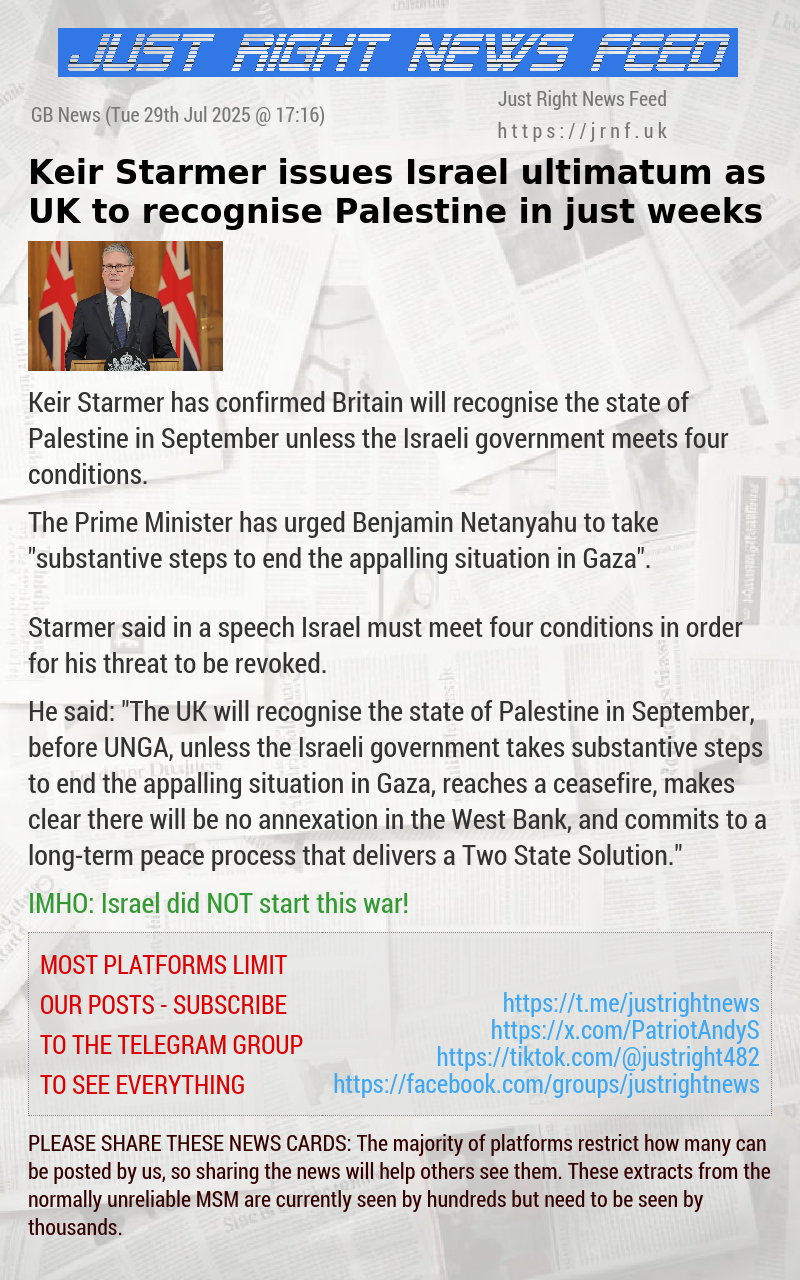 Keir Starmer issues Israel ultimatum as UK to recognise Palestine in just weeks