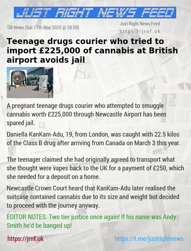 Teenage drugs courier who tried to import £225,000 of cannabis at British airport avoids jail