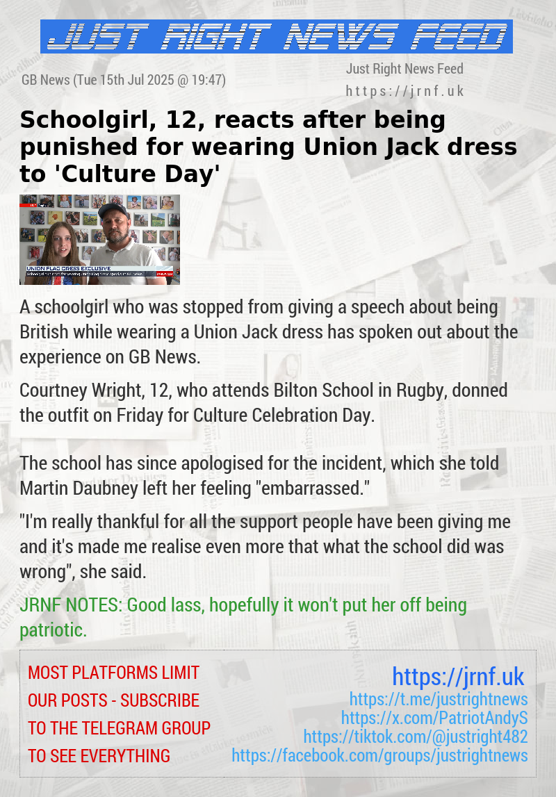 Schoolgirl, 12, reacts after being punished for wearing Union Jack dress to ’Culture Day’