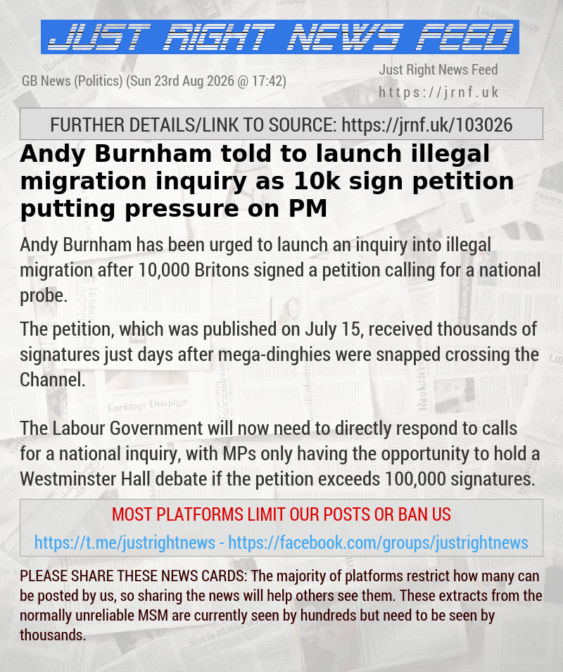 Andy Burnham told to launch illegal migration inquiry as 10k sign petition putting pressure on PM