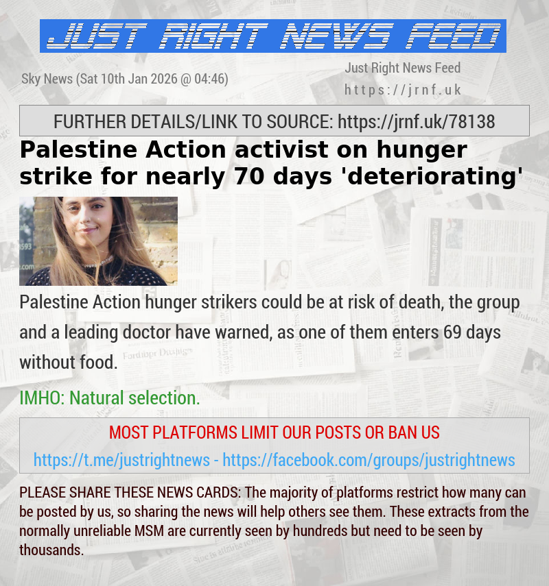 Palestine Action activist on hunger strike for nearly 70 days ’deteriorating’