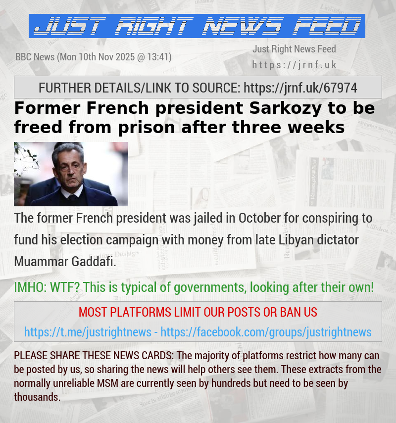 Former French president Sarkozy to be freed from prison after three weeks