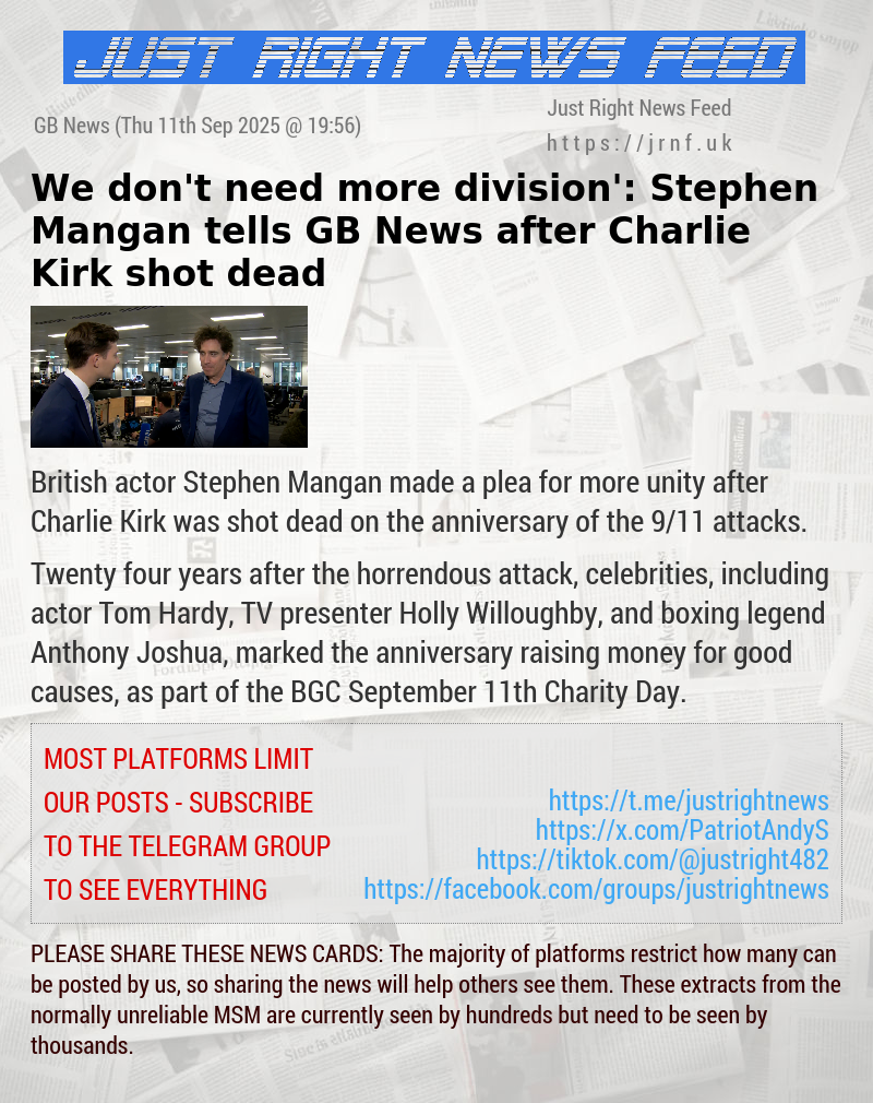 ‘We don’t need more division’: Stephen Mangan tells GB News after Charlie Kirk shot dead