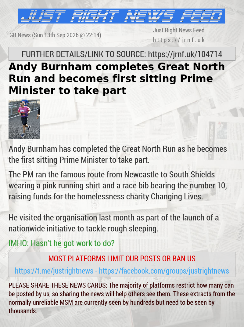 Andy Burnham completes Great North Run and becomes first sitting Prime Minister to take part