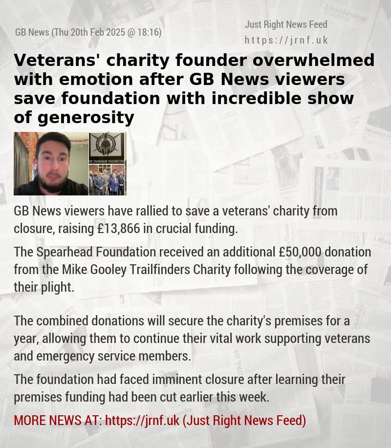 Veterans’ charity founder overwhelmed with emotion after GB News viewers save foundation with incredible show of generosity