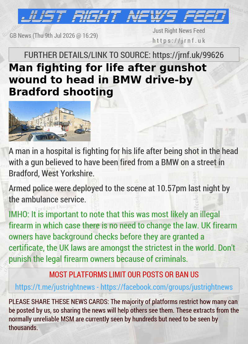 Man fighting for life after gunshot wound to head in BMW drive—by Bradford shooting