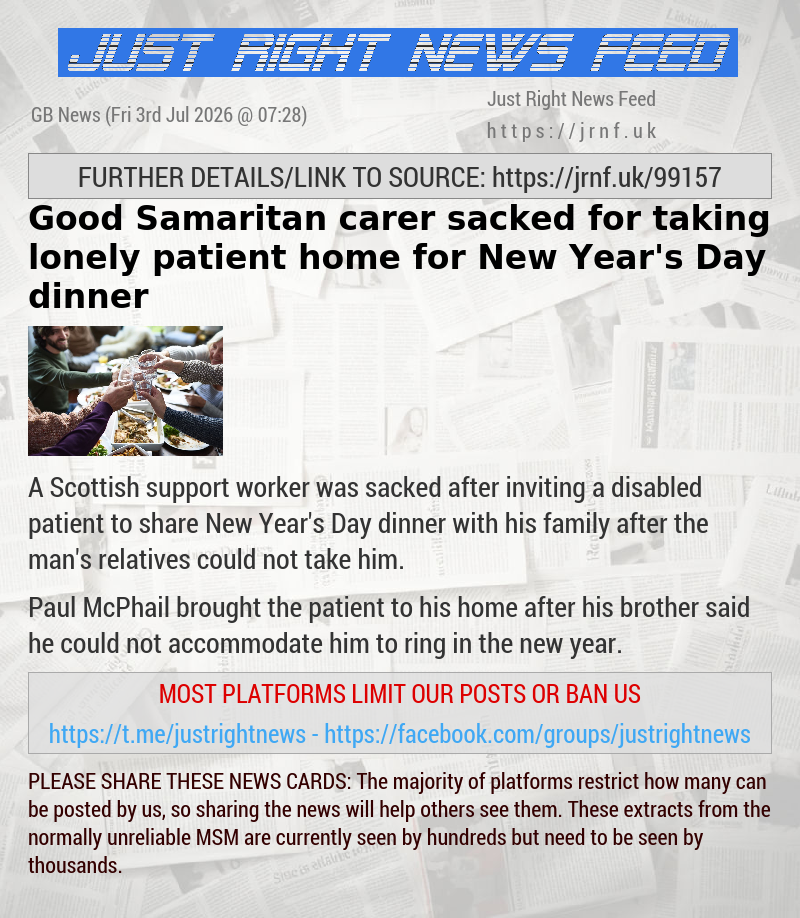 Good Samaritan carer sacked for taking lonely patient home for New Year’s Day dinner