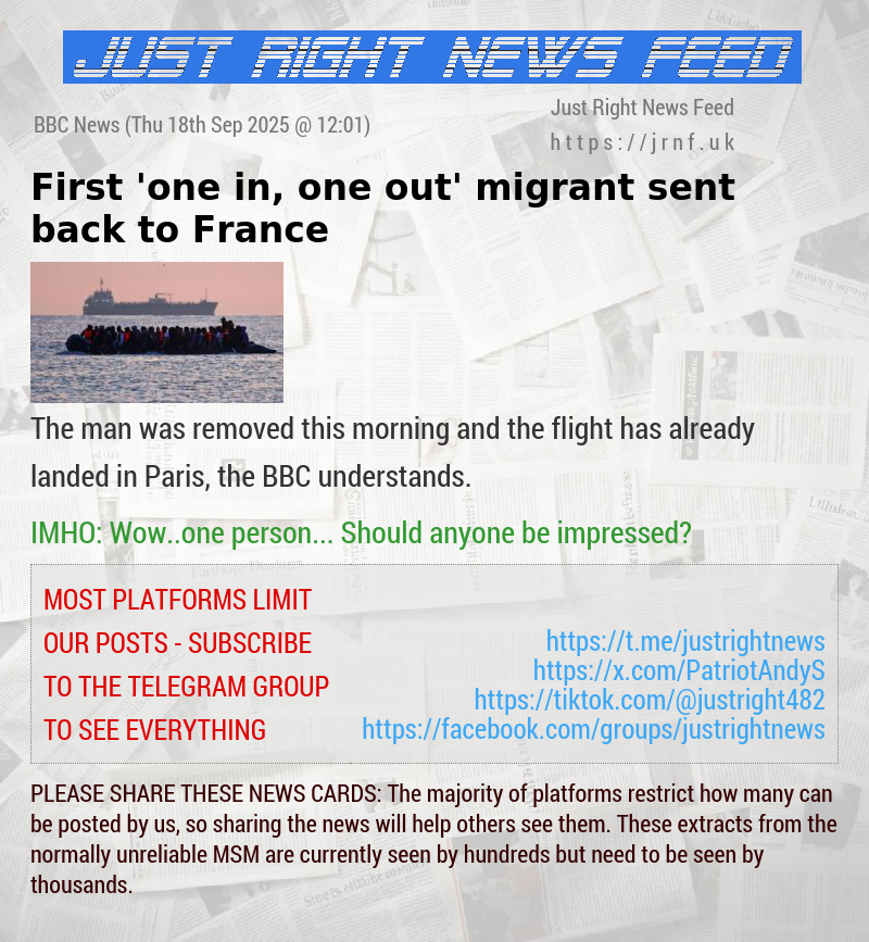 First ’one in, one out’ migrant sent back to France