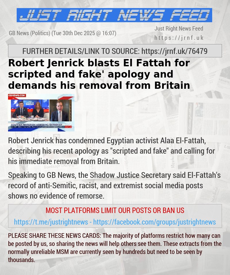 Robert Jenrick blasts El—Fattah for ‘scripted and fake’ apology and demands his removal from Britain