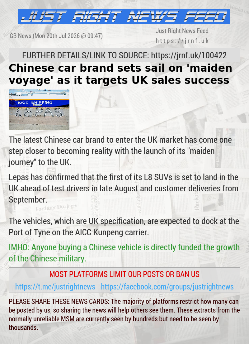 Chinese car brand sets sail on ’maiden voyage’ as it targets UK sales success