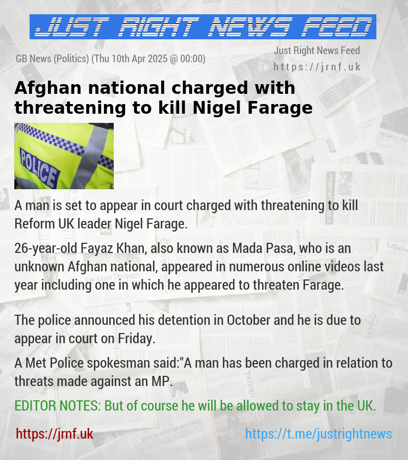Afghan national charged with threatening to kill Nigel Farage