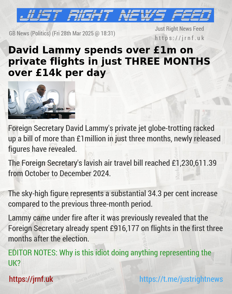 David Lammy spends over £1m on private flights in just THREE MONTHS — over £14k per day