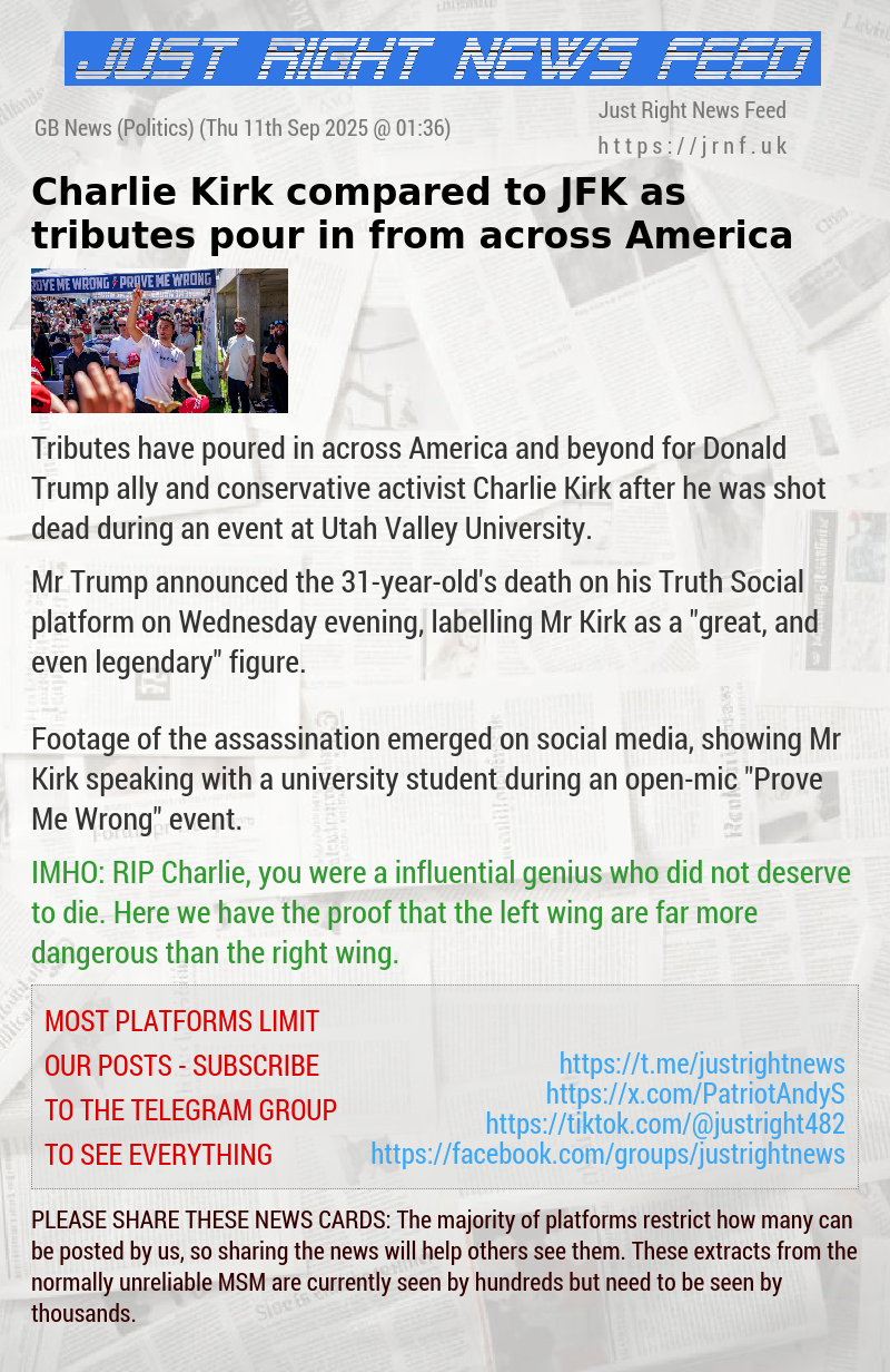 Charlie Kirk compared to JFK as tributes pour in from across America