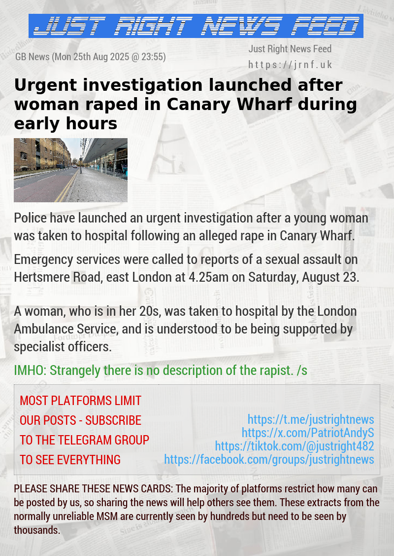 Urgent investigation launched after woman raped in Canary Wharf during early hours