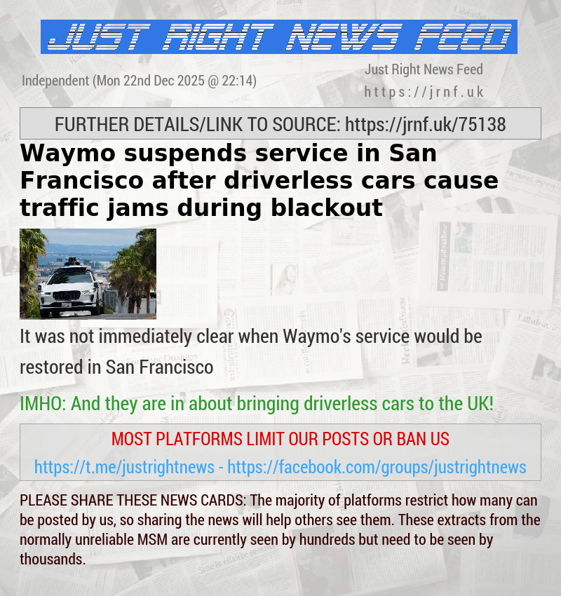 Waymo suspends service in San Francisco after driverless cars cause traffic jams during blackout
