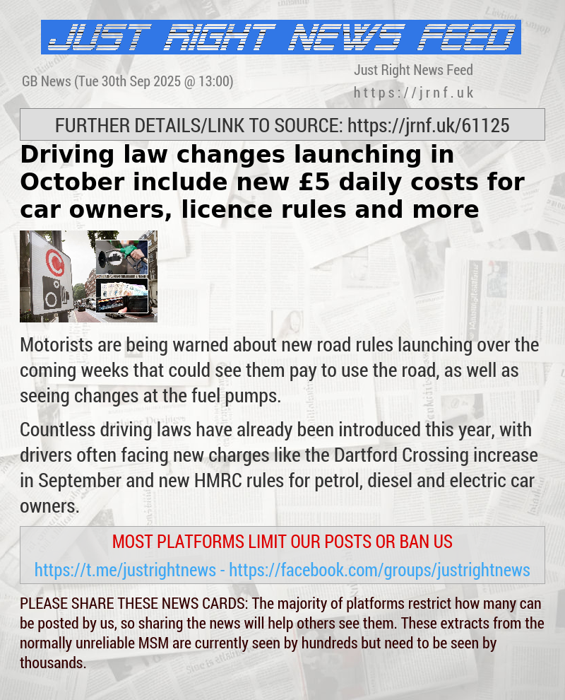 Driving law changes launching in October include new £5 daily costs for car owners, licence rules and more